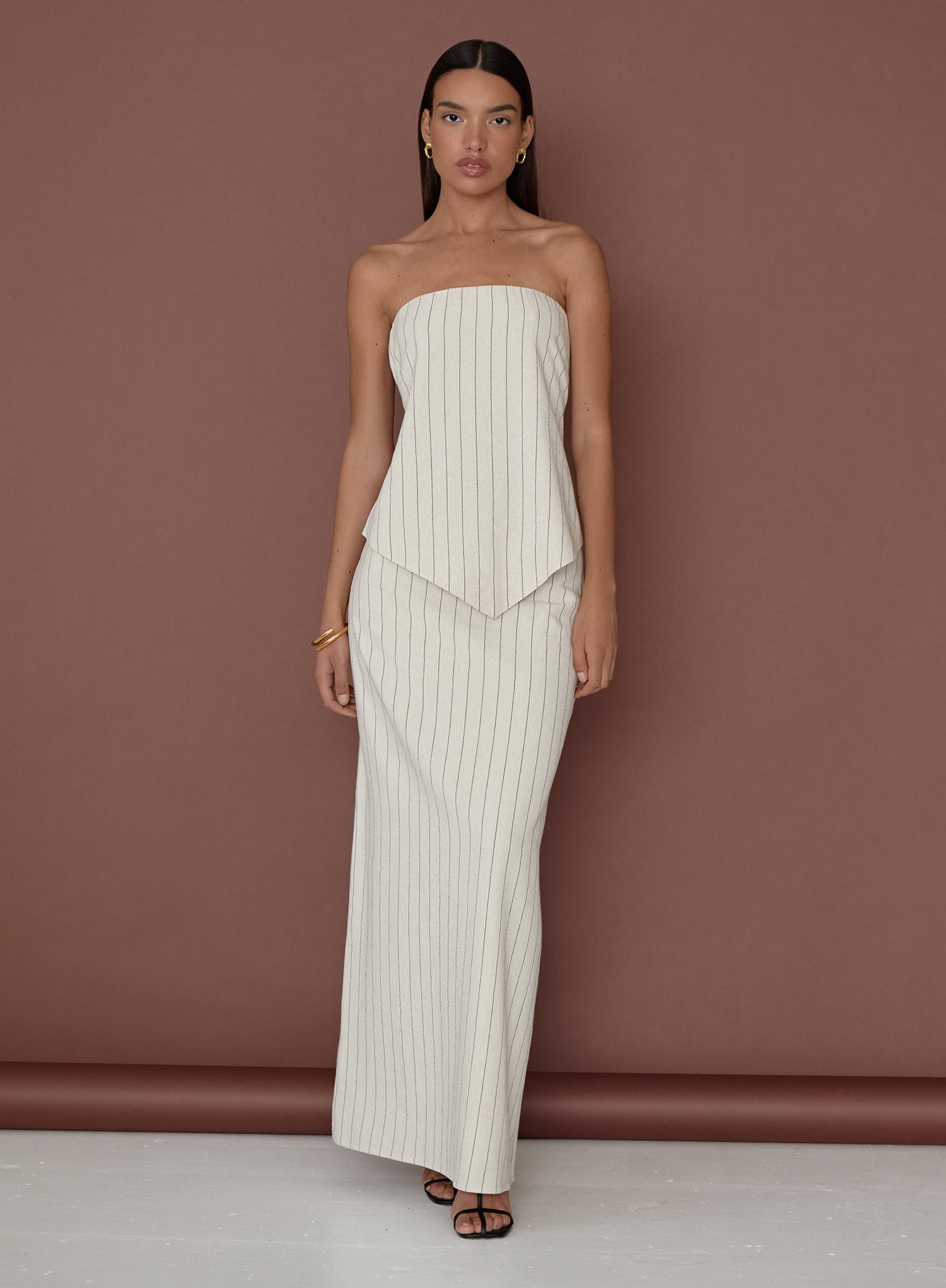 Beige Striped Linen Maxi Skirt